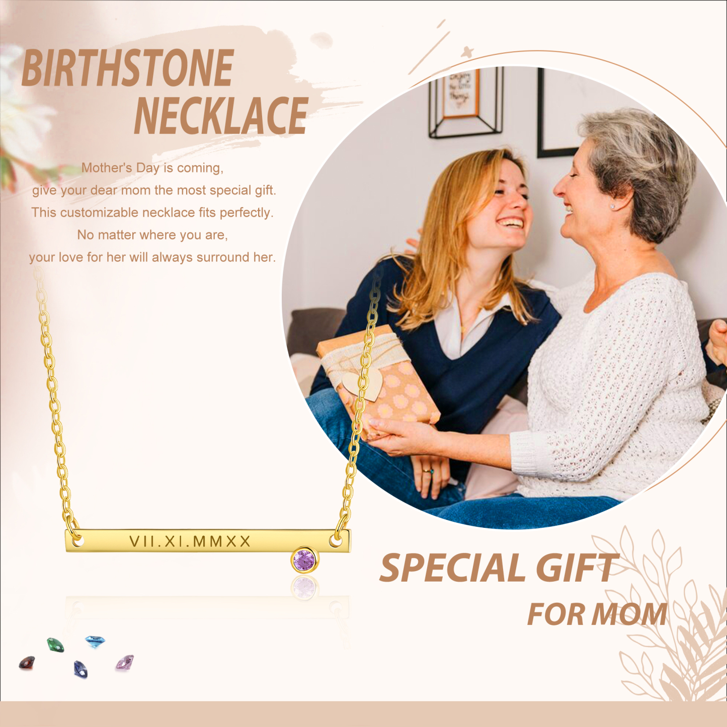 Personalised Bar Necklace Custom 1 Text & 1 Birthstone Necklace Gift for Her-Jessemade AU