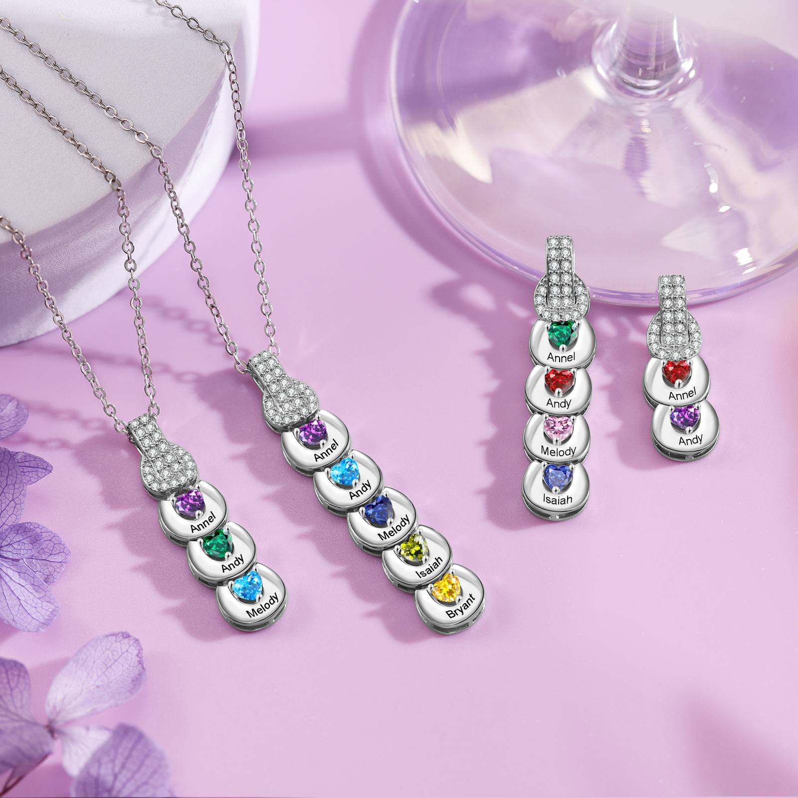 Custom Family Necklace Cascading Pendant with 5 Birthstones Engraving 5 Names Gifts for Her-Jessemade AU