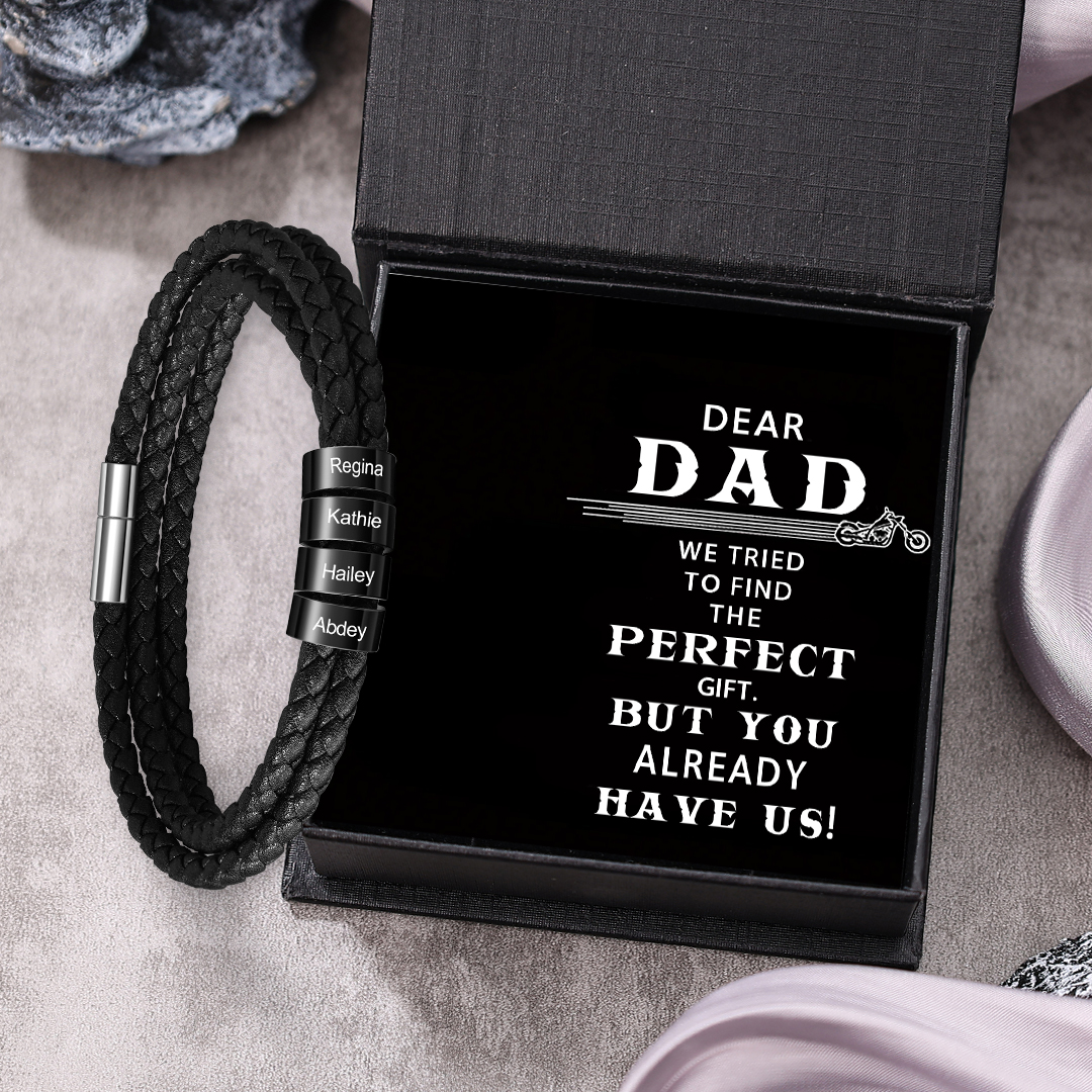 Personalised Men's Leather Bracelet Custom 4 Names Braided Bracelet with Beads Multi-Layered Bracelet Gift for Dad