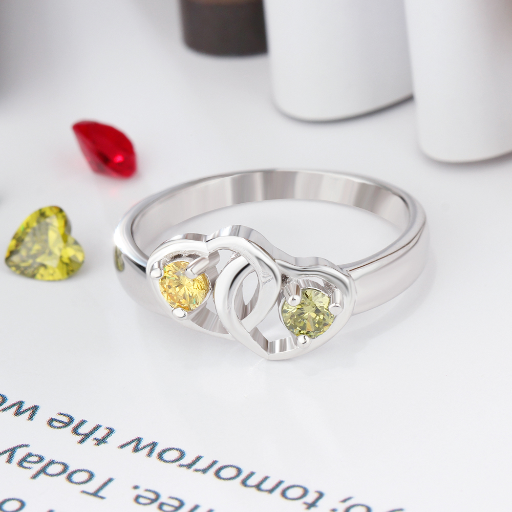 Promise Ring Personalised with 2 Hearts Birthstones Ring Engraved 2 Names Gifts for Her-Jessemade AU