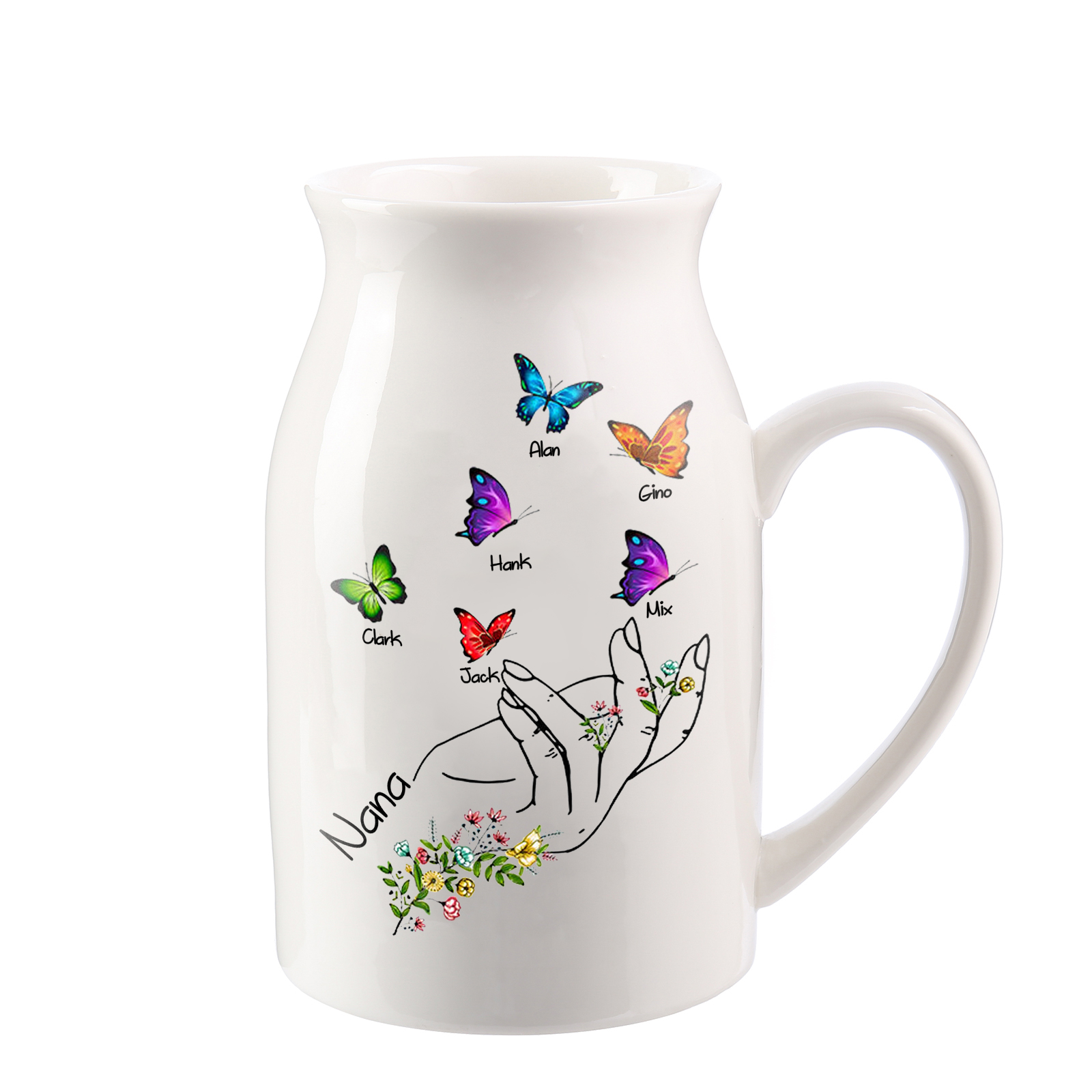 Personalised Ceramic Flower Vase Custom 2–8 Names & 1 Text Butterfly In Hand Vase Gift for Mother/Grandma-Jessemade AU