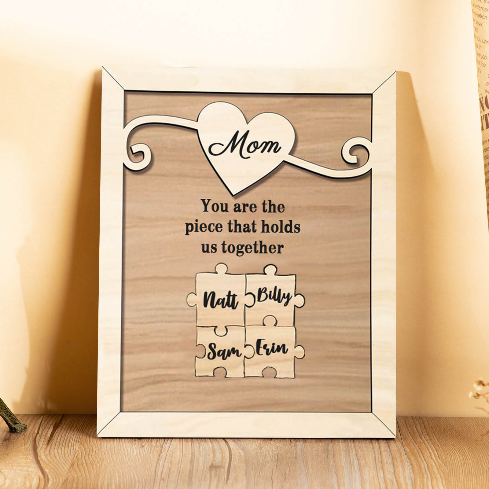Personalised Mom Puzzle Picture Board Customised 4 Names Keepsake Wood Signs "You are the piece that holds us together" Gifts For Mother-Jessemade AU