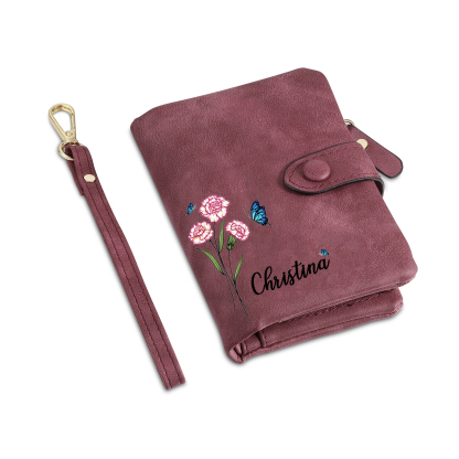 Personalised Women's Leather Wallet Custom Birthday Flower & Name & Photo Wallet Gift for Her