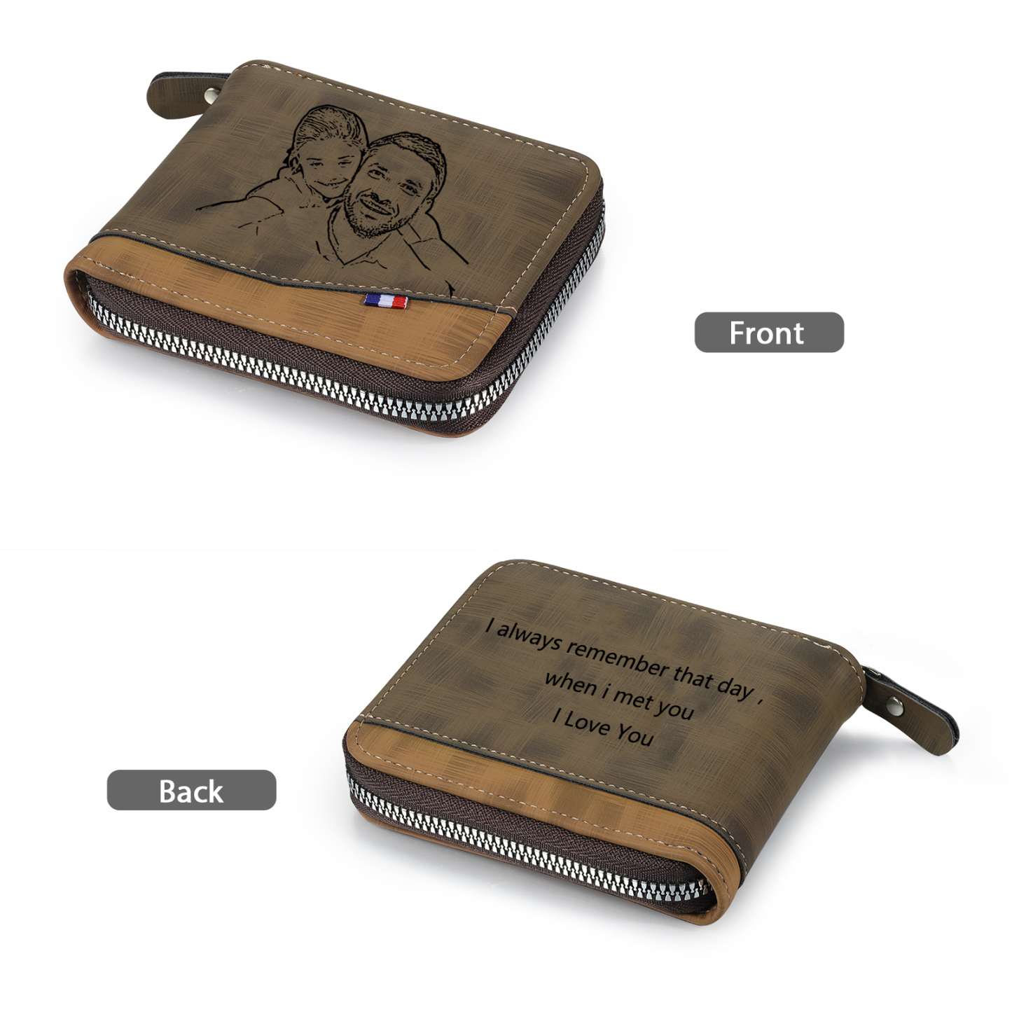 Personalised Photo & Text Billfold Wallet Custom Men's Leather Wallet Zipper Gifts for Him Brown-Jessemade AU