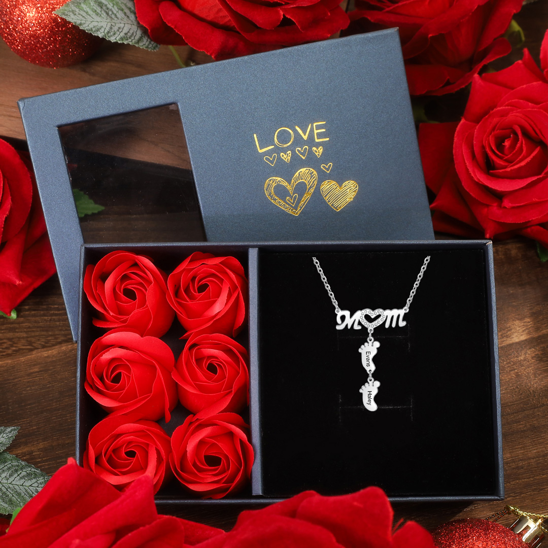 Mother Necklace with 2 Baby Feet Pendants Engraved 2 Names Mom Necklace Rose Gift Set