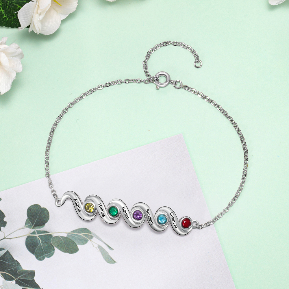 Personalised Bracelet With 5 Birthstones Engraved Names Bracelet Gift For Women-Jessemade AU