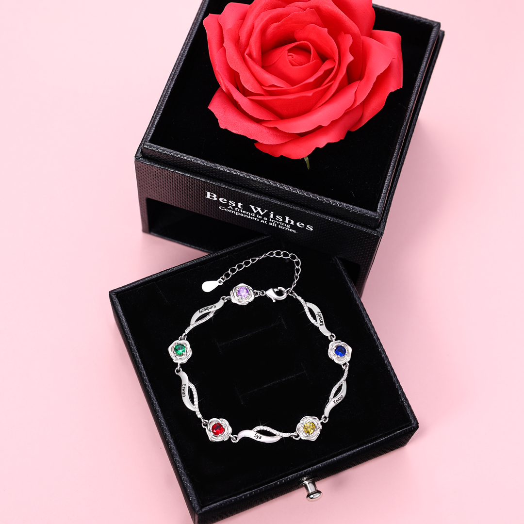 2 Names - Personalised Rose Bracelet Custom Names & Birthstones Adjustable Bracelet Gifts for Her-Jessemade AU