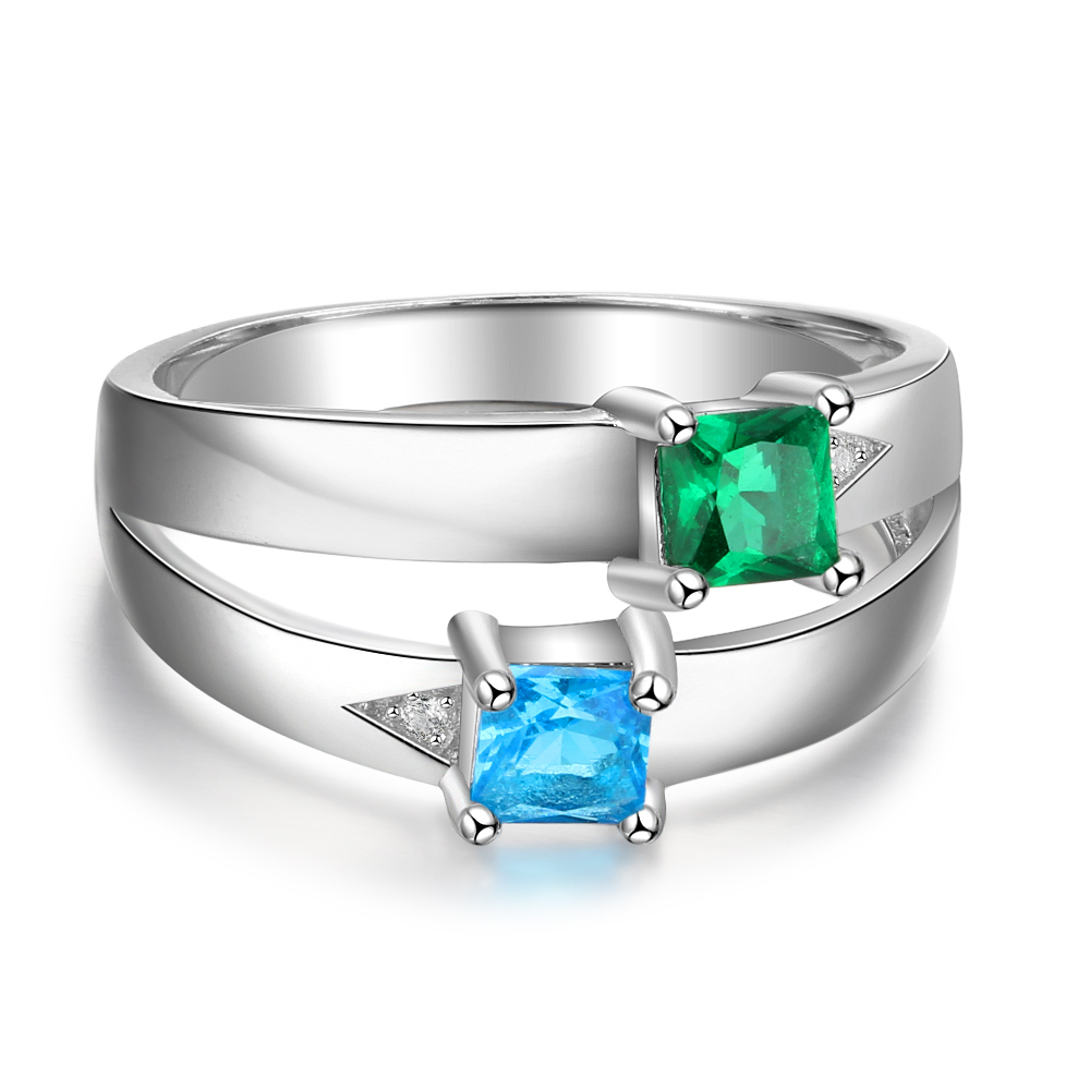 Personalised Ring With 2 Birthstones Engraved Names Ring Gift For Women-Jessemade AU