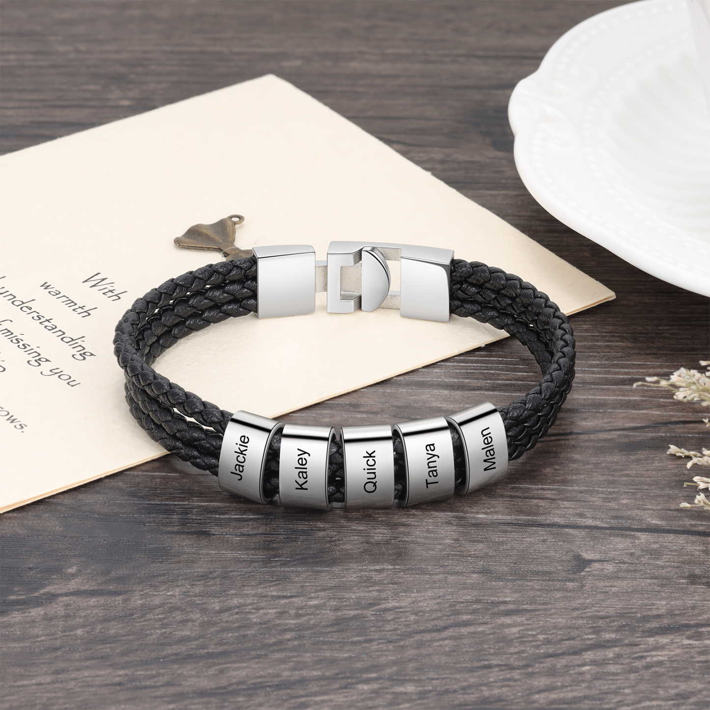 Personalised Braided Leather Bracelet Engraved 5 Names Men's Bracelet Gifts For Him-Jessemade AU