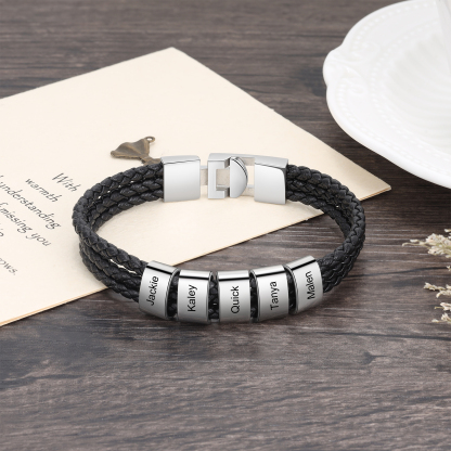 Personalised Braided Leather Bracelet Engraved 5 Names Men's Bracelet Gifts For Him-Jessemade AU