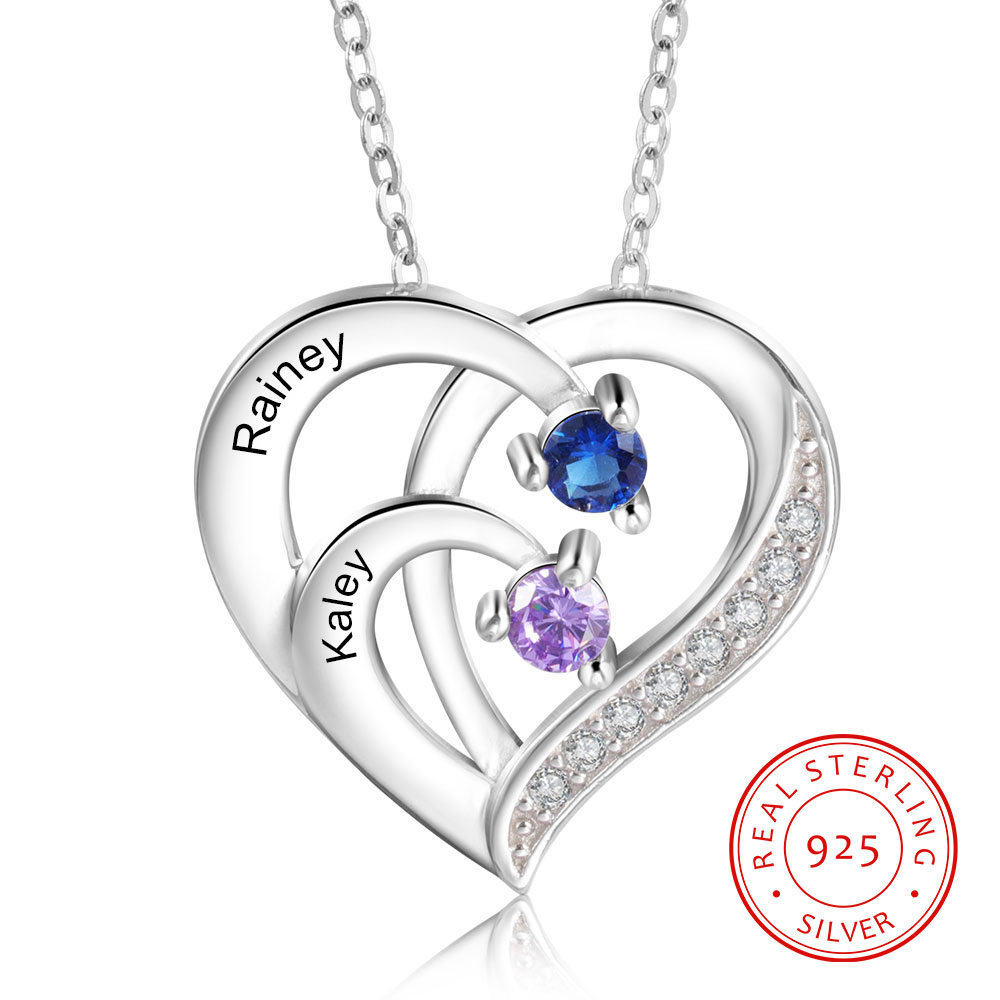 Personalised Mother Necklace 2 Stones Engraved 2 Names Birthstone Intertwined Heart Pendant Gifts for Her-Jessemade AU