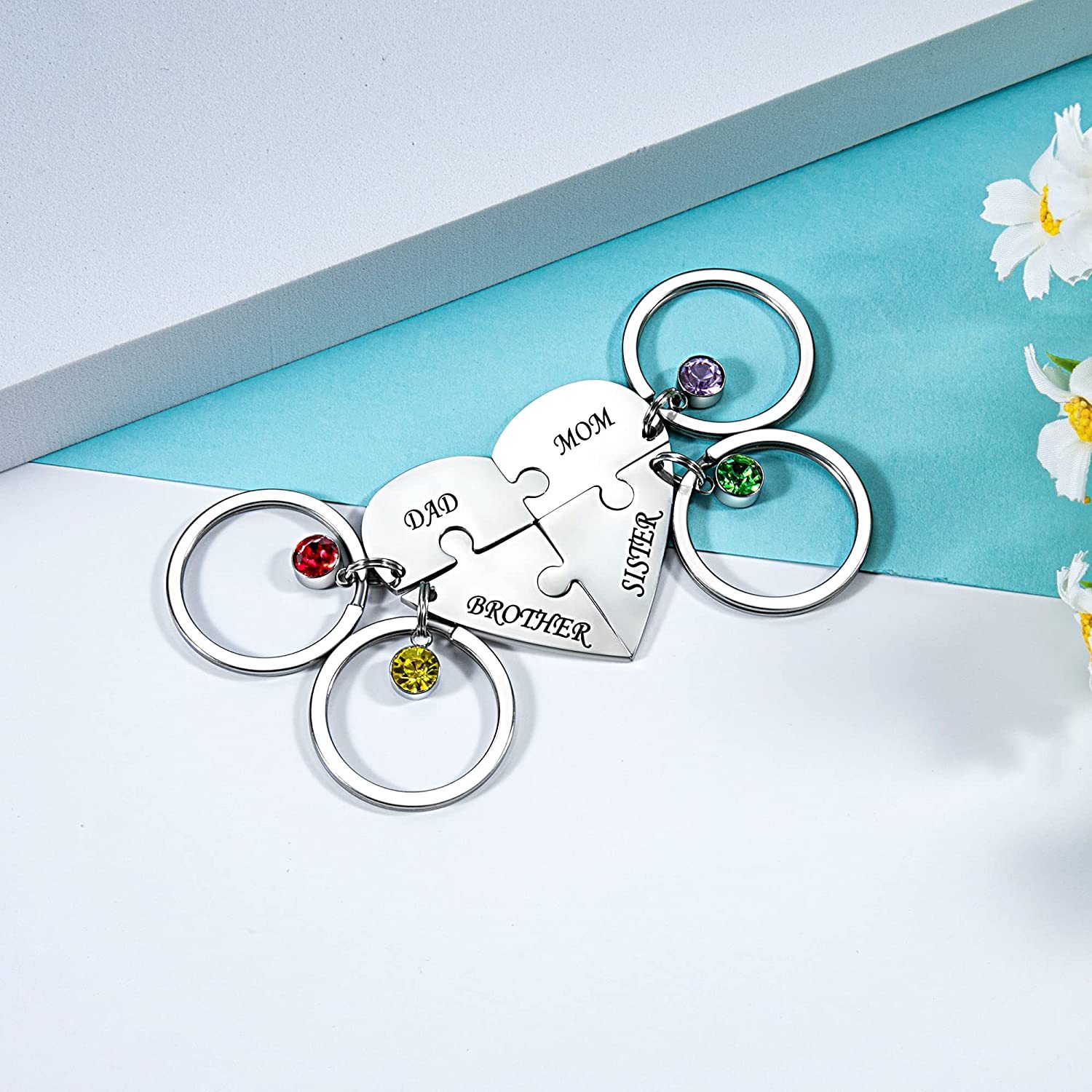 Personalised 4 Names Heart Puzzle Keychain with Birthstones Gifts for Family-Jessemade AU