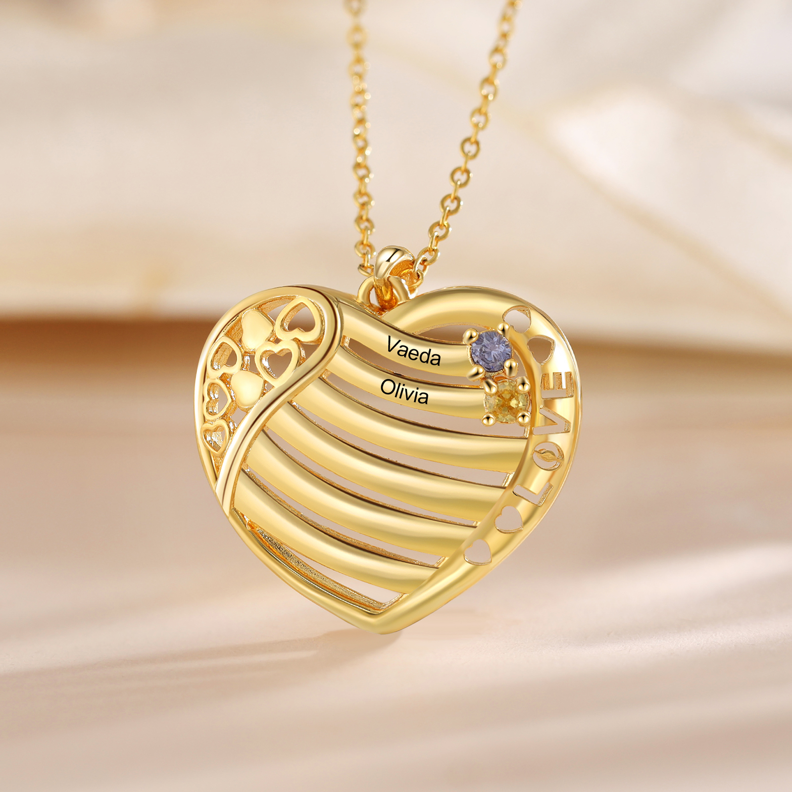 LOVE Heart Necklace Custom 2 Names & Birthstones Family Necklace Gifts For Her-Jessemade AU