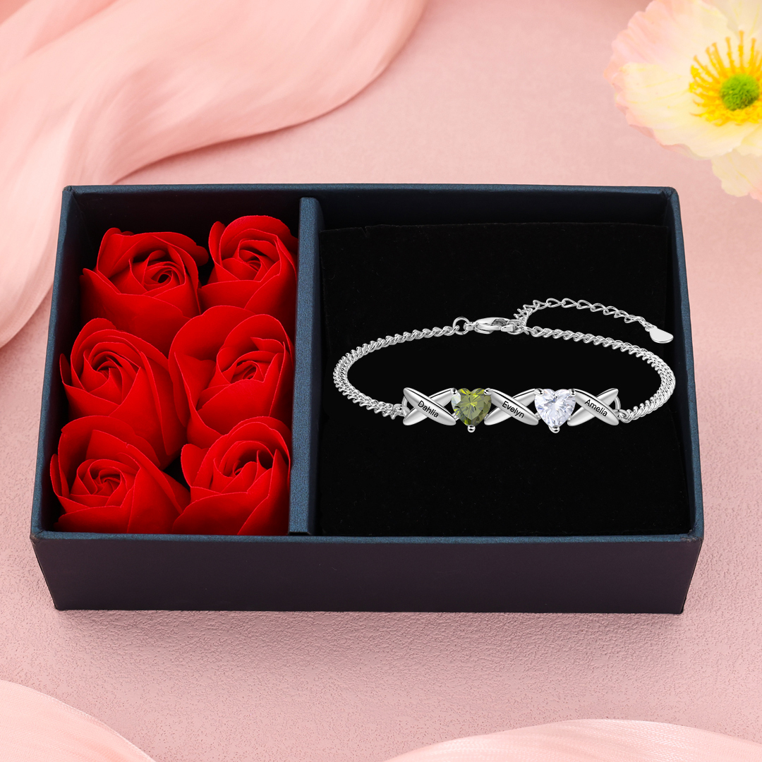 Custom 2 Birthstones Bracelet Engraved 3 Names Bracelet Personalised Birthday Gift for Her-Jessemade AU