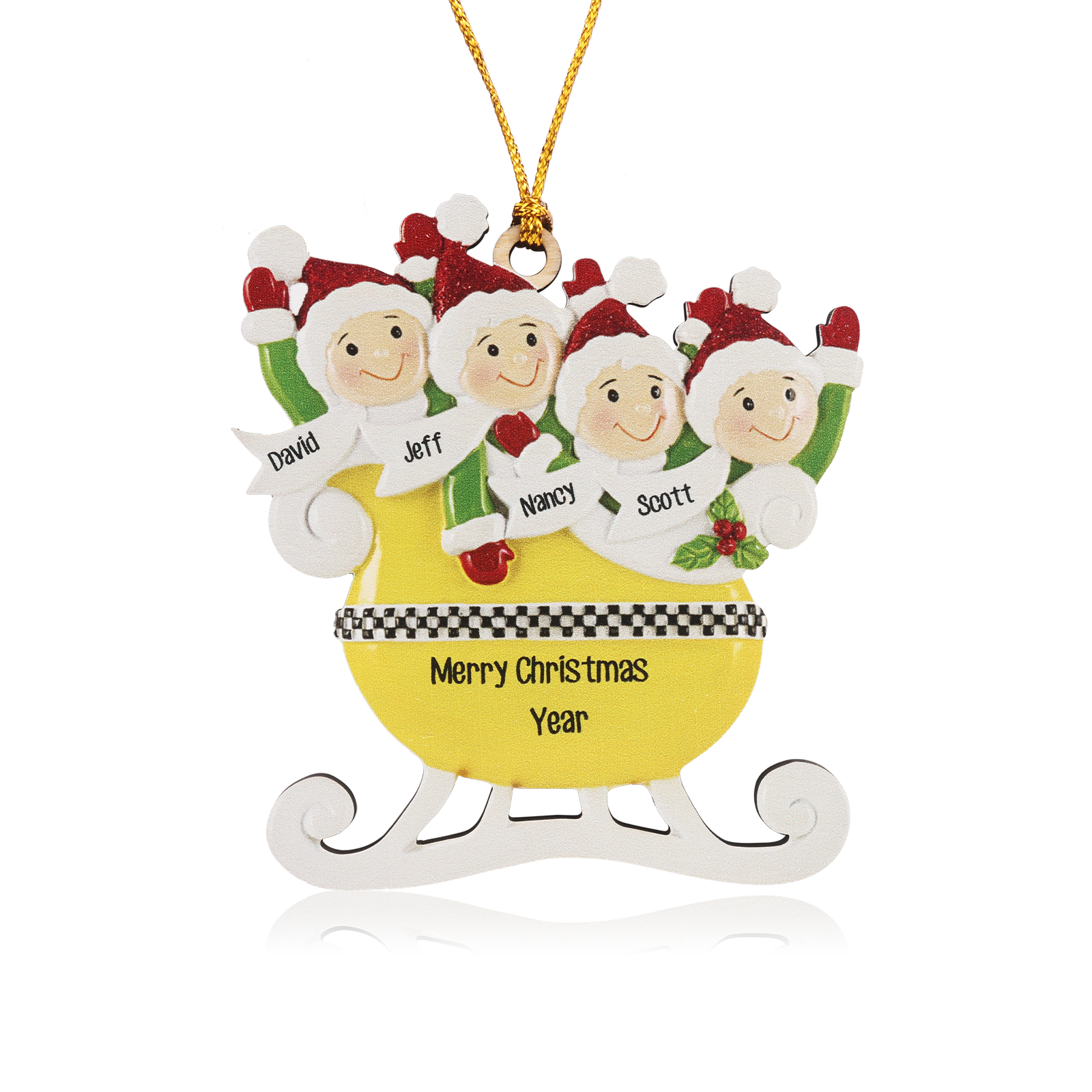 4 Names - Personalised Yellow Sleigh Family Christmas Ornament Customised Name & Text Wooden Hanging Ornaments Christmas Gift for Family-Jessemade AU