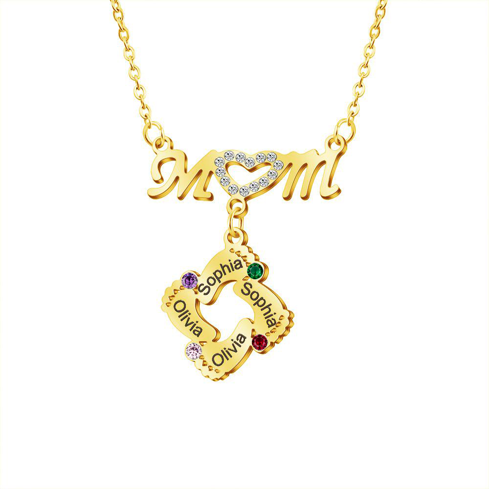 Mom Necklace Customised Baby Feet Necklace with Birthstones Engraving 4 Names Gifts for Her-Jessemade AU