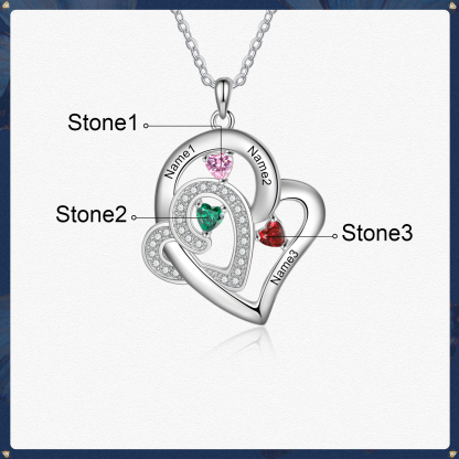 Personalised Double Heart Necklace With 3 Birthstones Custom Names Necklace Gift For Her-Jessemade AU