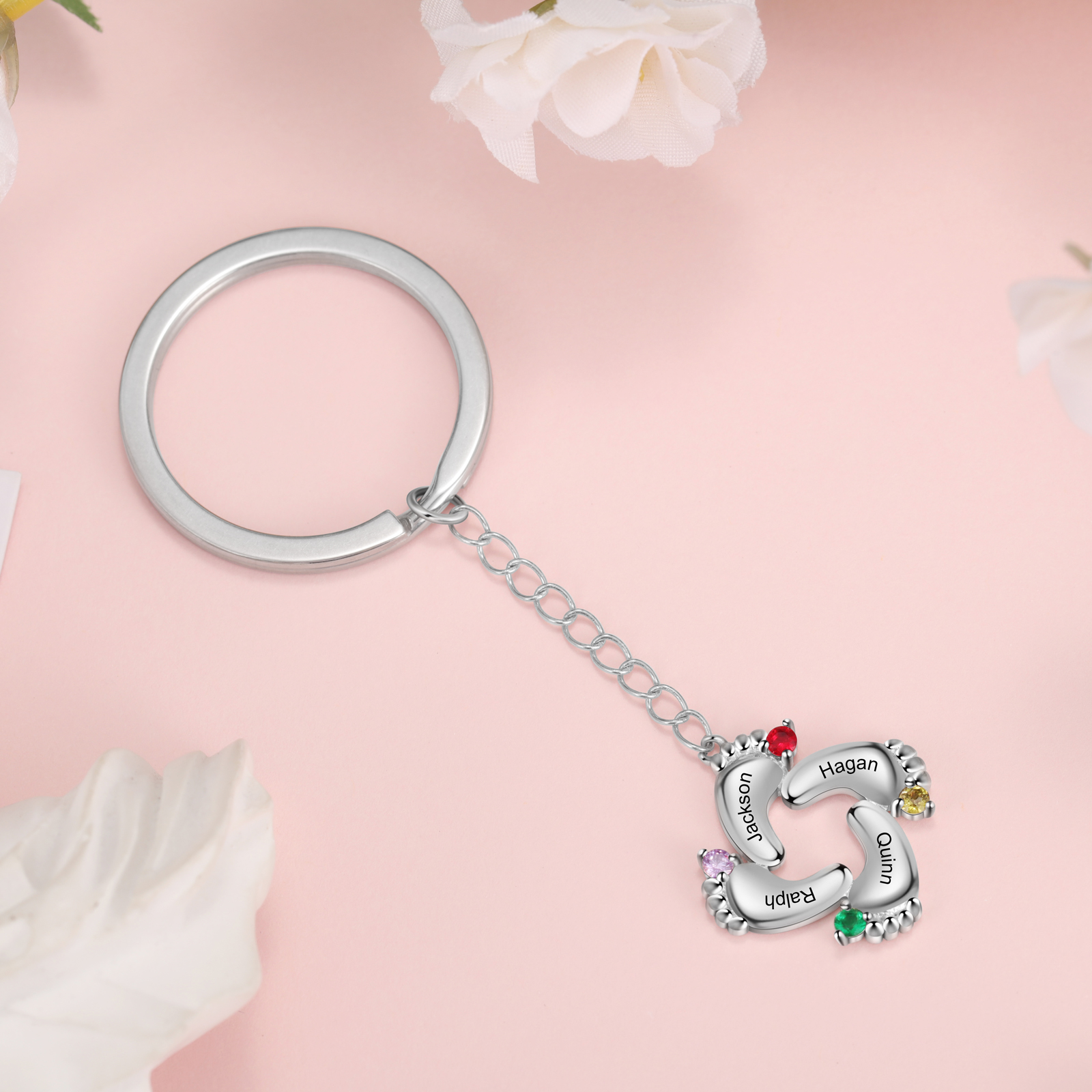 Personalised Baby Feet Keychain With 4 Birthstones Engraved names Keychain Gifts For Mother-Jessemade AU