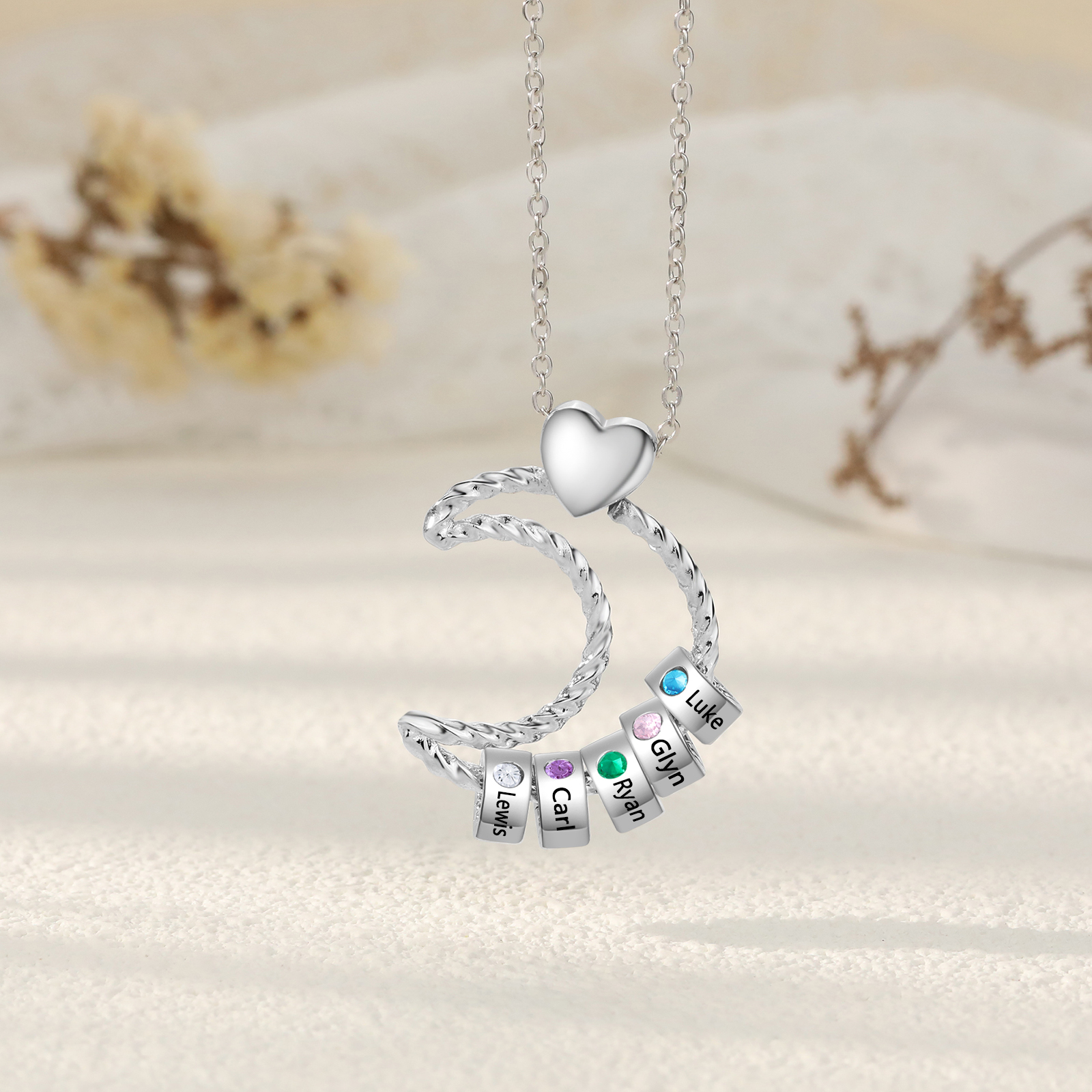 5 Names - Personalised Moon Pendant Necklace Custom Birthstones & Names Necklace Gift for Her-Jessemade AU