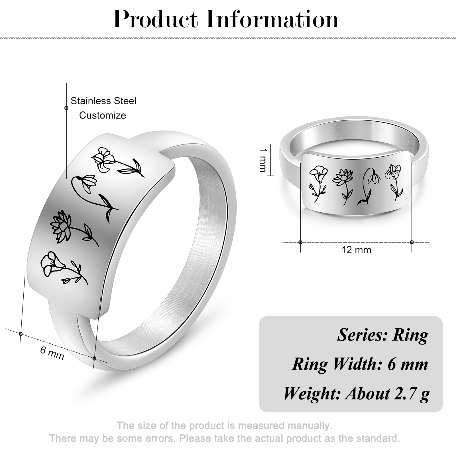 Personalised Birth Flower Ring Custom 4 Month Flowers Bar Ring Gift for Her-Jessemade AU