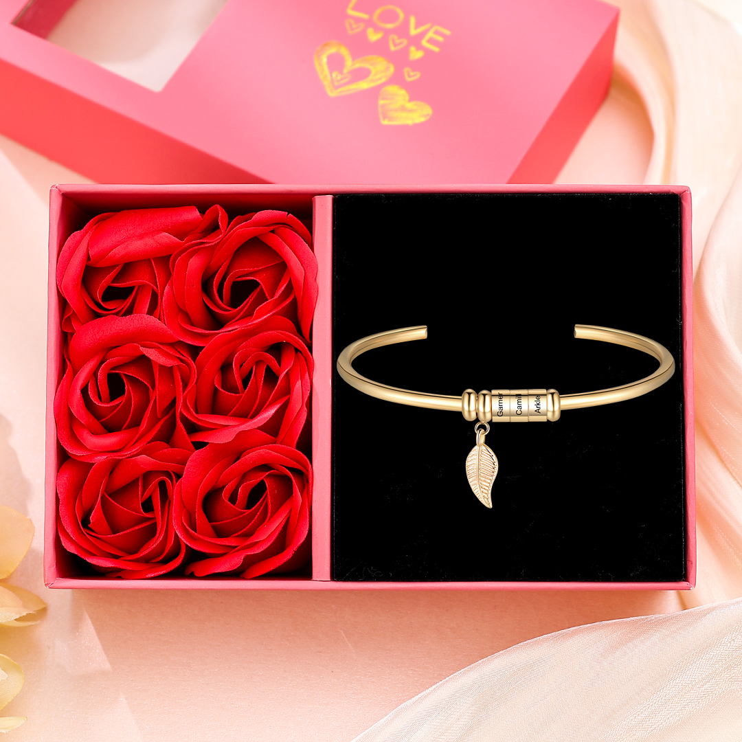 Women Bangle Bracelet with Leaf and Beads Engraved 3 Names Rose Gifts for Mother-Jessemade AU