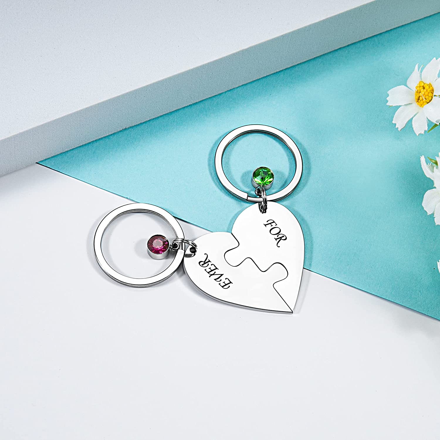 Personalised 2 Names Heart Puzzle Keychain with Birthstones Gifts for Family-Jessemade AU