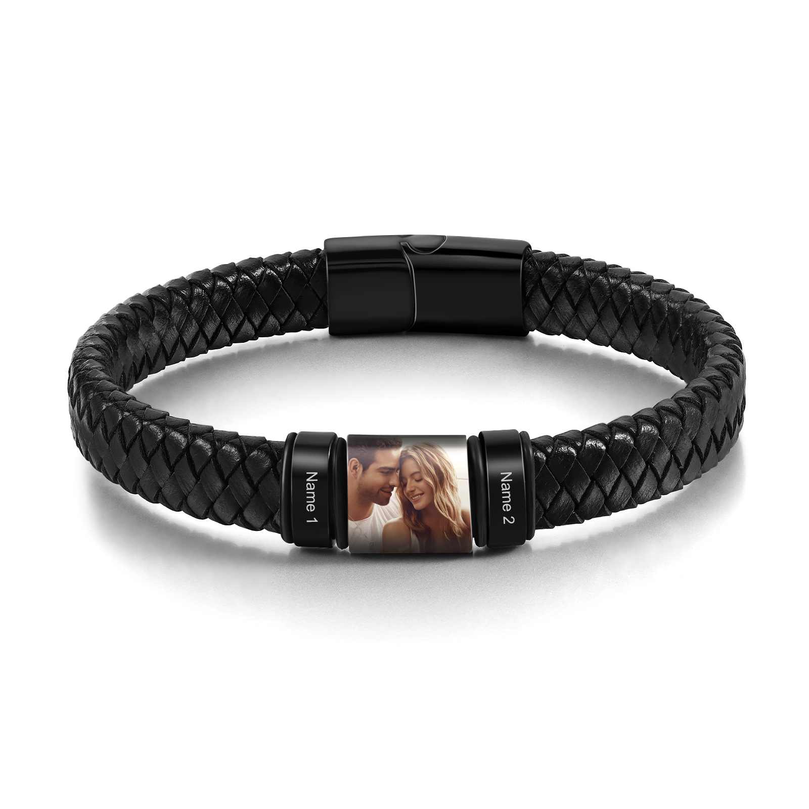 2 Names - Personalised Men's Leather Bracelet Custom Photo Braided Bracelet Gift for Him