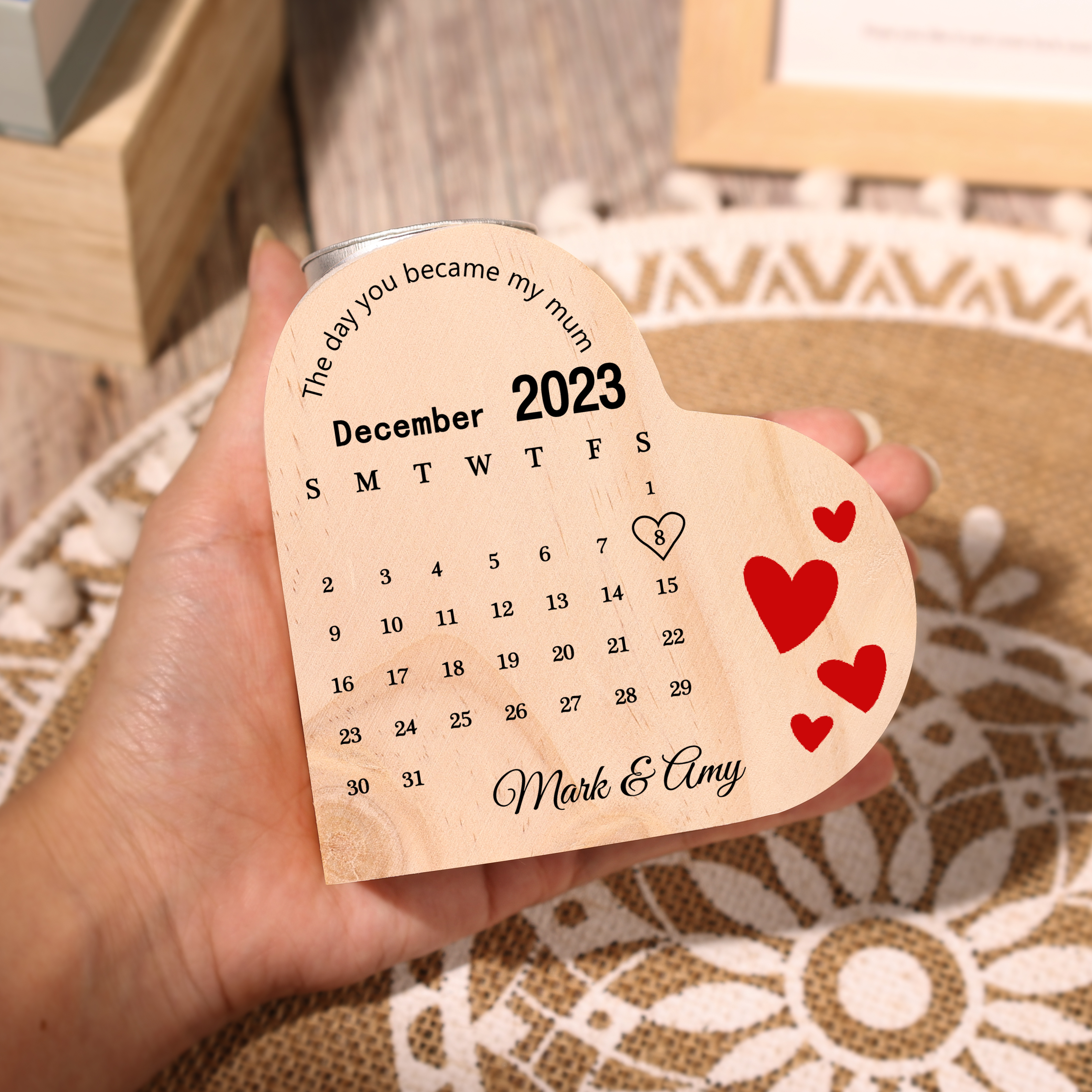 The Day You Became My Mum Personalised Calendar Heart Candle Holder Wooden Candlestick-Jessemade AU