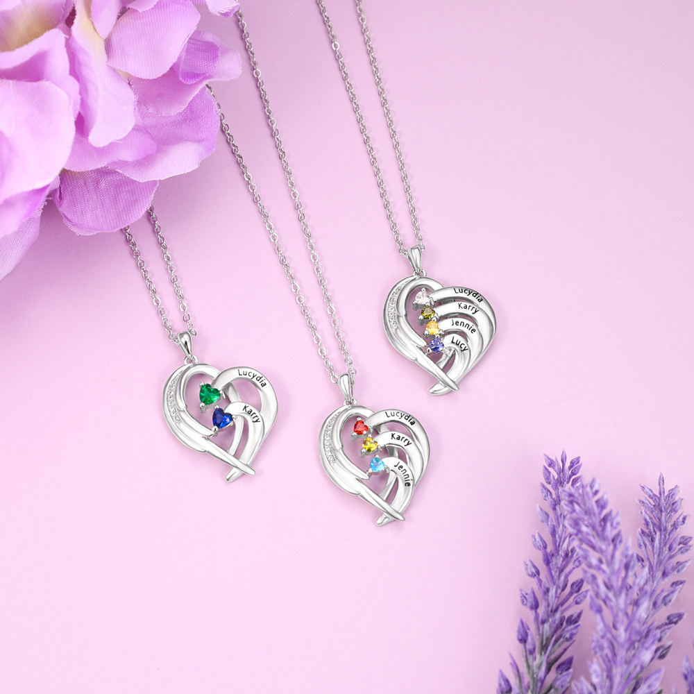 Personalised Heart Wings Necklace With 4 Birthstones Custom Names Necklace Gift For Her-Jessemade AU