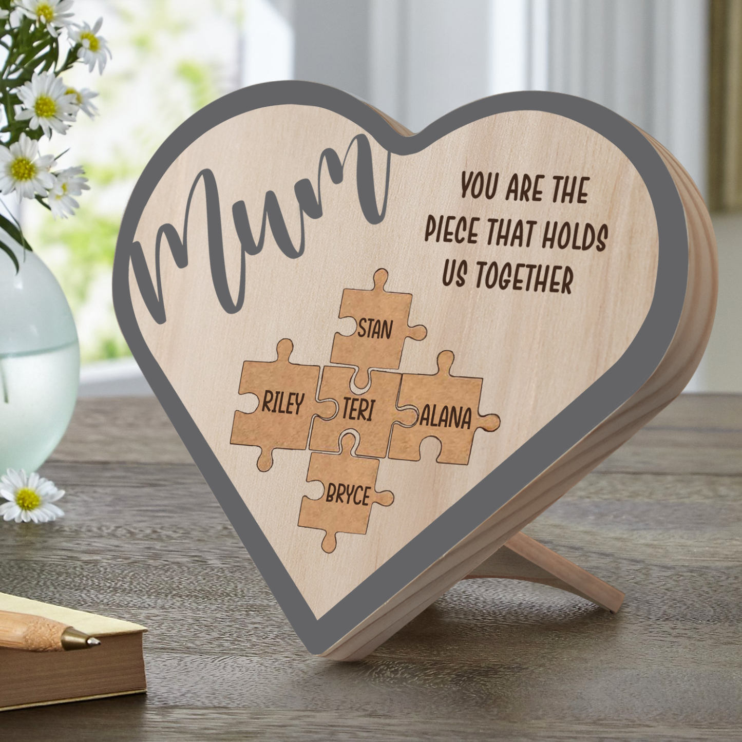 To Mum Personalised Wooden Puzzle Heart Keepsake Desktop Ornament Custom 5 Names Mothers Gifts-Jessemade AU