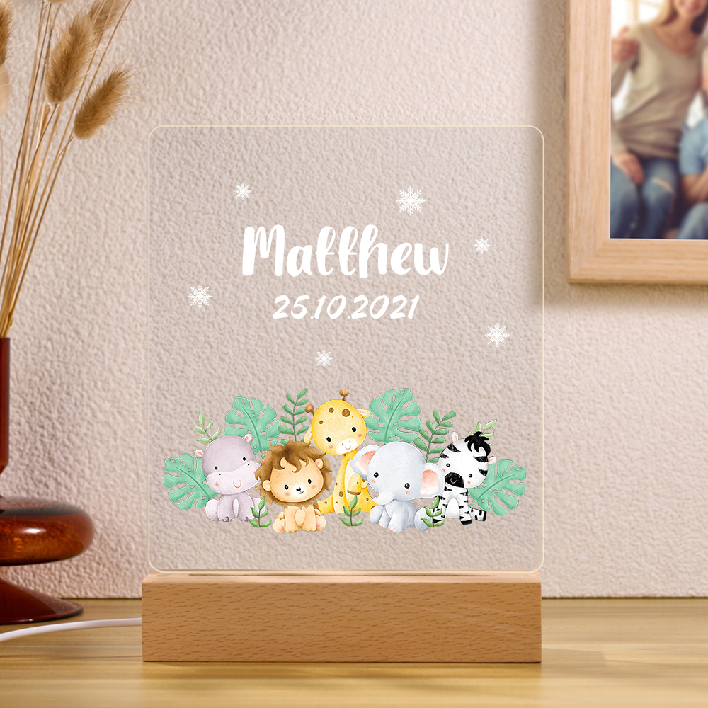 Personalised Name Night Light Animal Zoo LED Night Light Custom Date Nursery Birthday Gifts For Kids-Jessemade AU