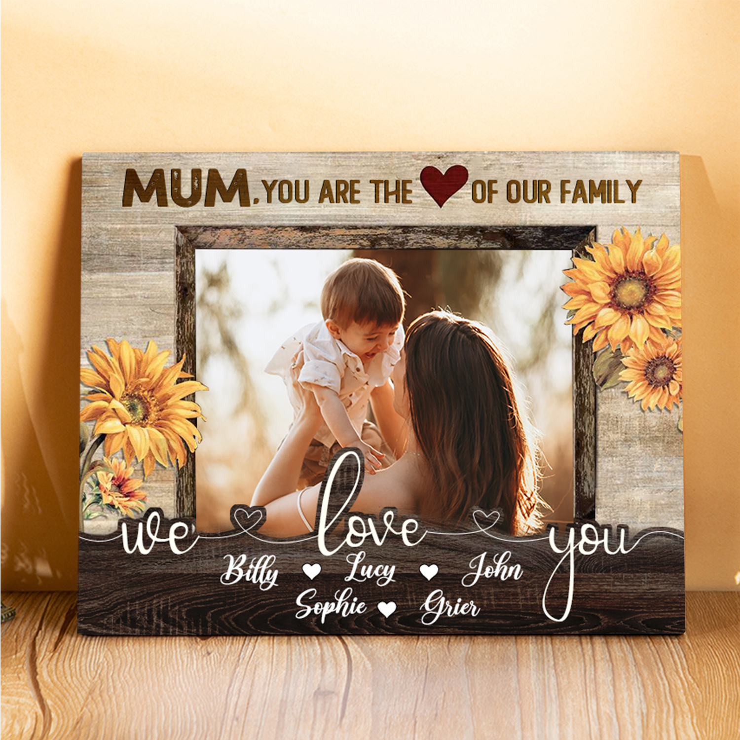 Personalised 5 Names & 1 Photo Wooden Plaque Custom Sunflower Home Decor Gifts for Mum - You Are The Heart/Love Of Our Family-Jessemade AU