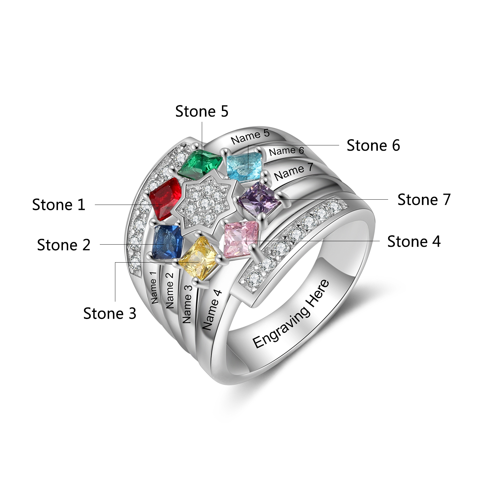 Personalised Mothers Ring With 7 Birthstones Engraved Names Ring Gift For Women-Jessemade AU