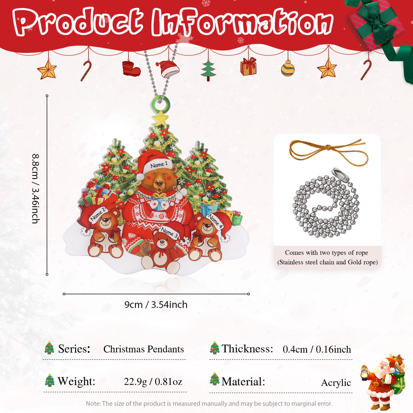 4 Names - Personalised Acrylic Christmas Bear Ornaments Customised Text & Name Xmas Pendant Gifts for Family-Jessemade AU