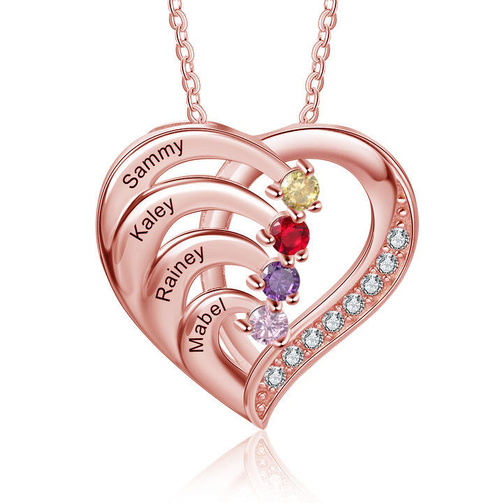 Personalised Mother Necklace 4 Stones Engraved 4 Names Birthstone Family Heart Pendant Gifts for Her-Jessemade AU