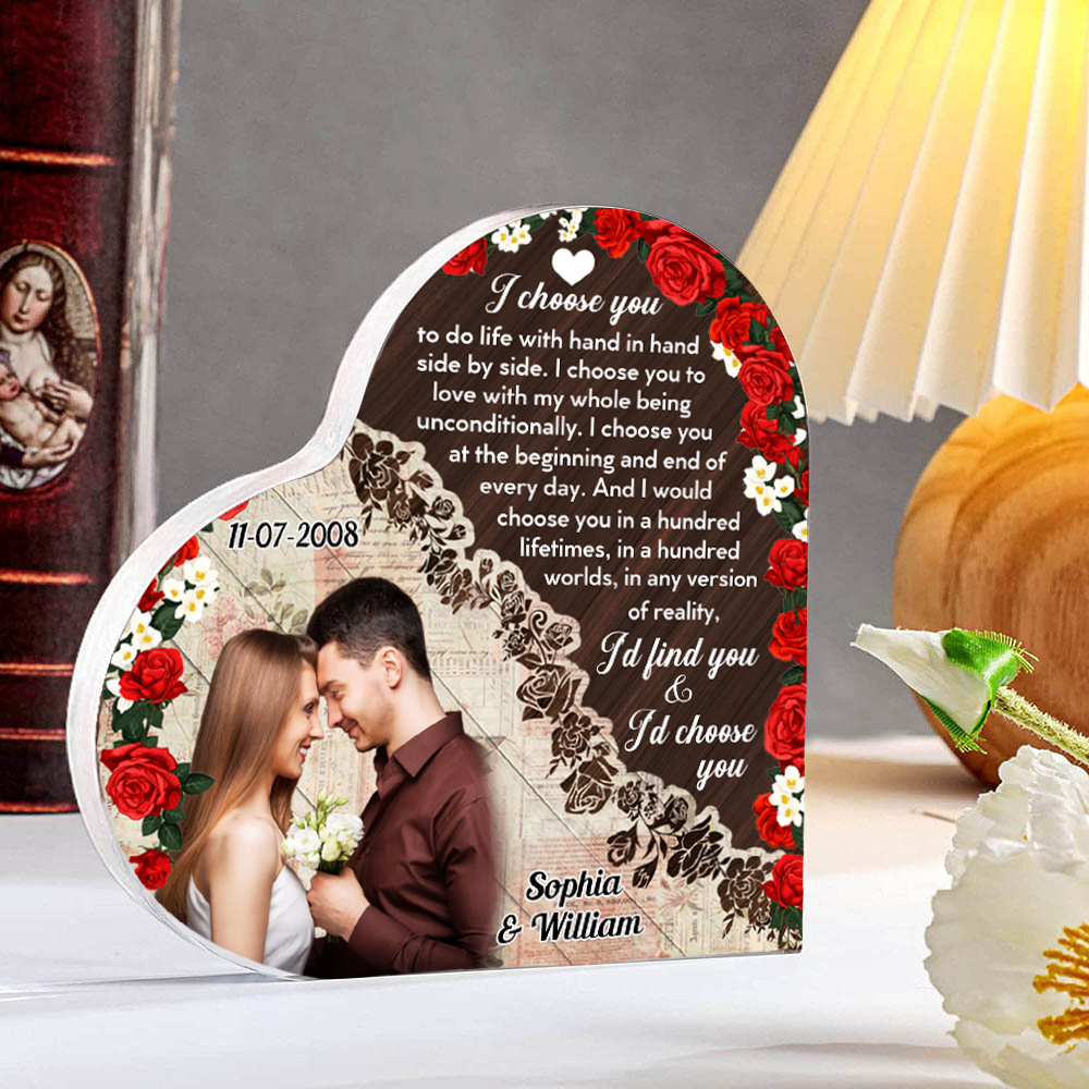 Couple Acrylic Heart Keepsake Custom 2 Names & Date & Photo Ornament Valentine's Day Gift -  I Choose You To Do Life With Hand In Hand Side By Side-Jessemade AU
