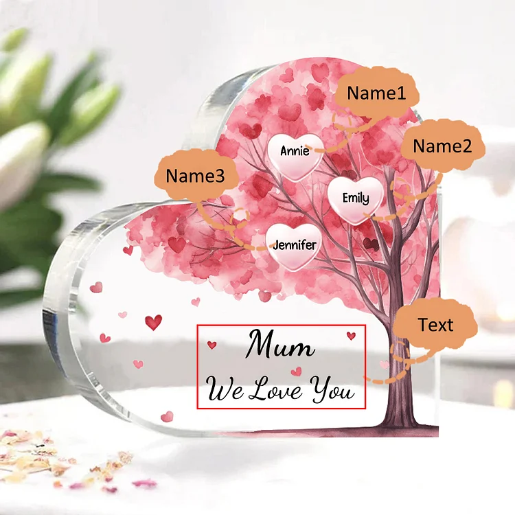 3 Names - Personalised Acrylic Heart Keepsake Custom Text Pink Tree Ornaments Gifts for Grandma/Mother-Jessemade AU
