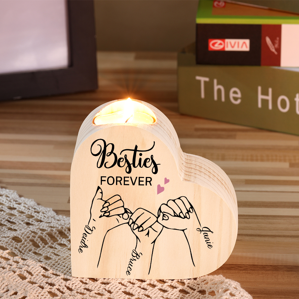 Besties Forever Wooden Candle Holder Customised 3 Names Pinky Swear Candlesticks -Jessemade AU