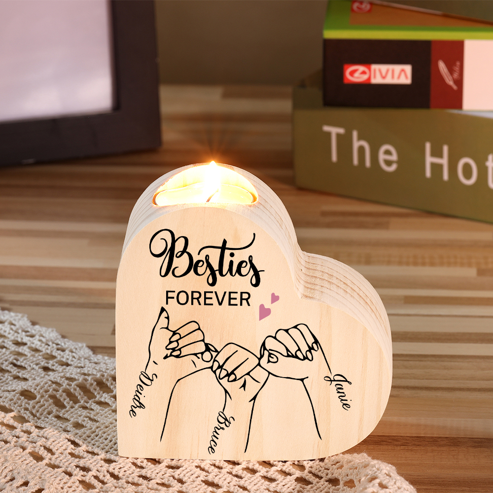 Besties Forever Wooden Candle Holder Customised 3 Names Pinky Swear Candlesticks -Jessemade AU