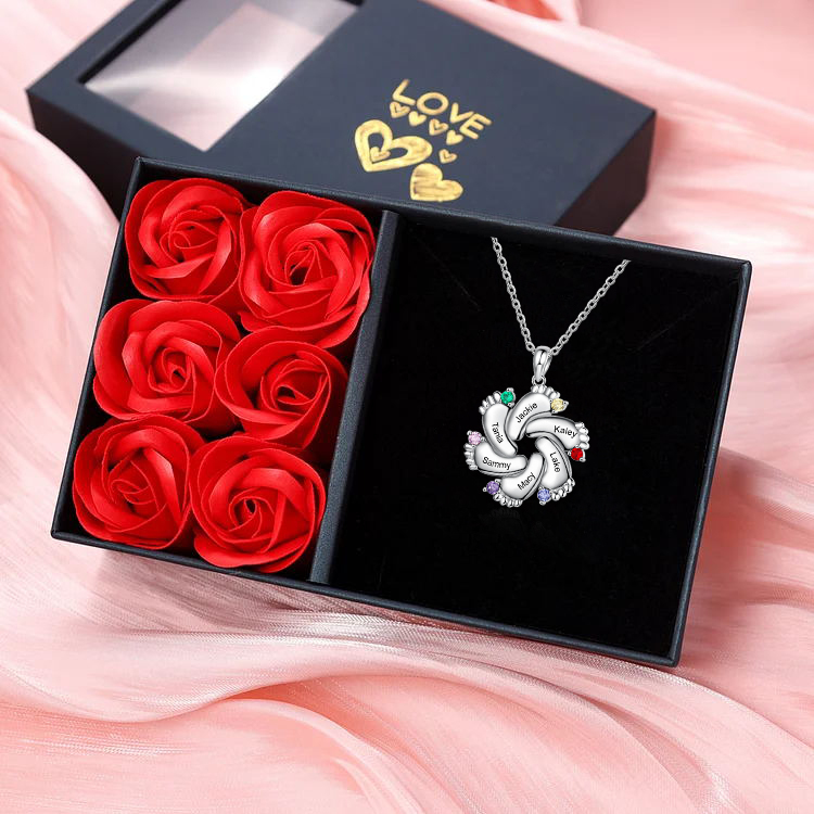 Baby Feet Necklace Custom 6 Birthstones Family Gifts Set for Mum