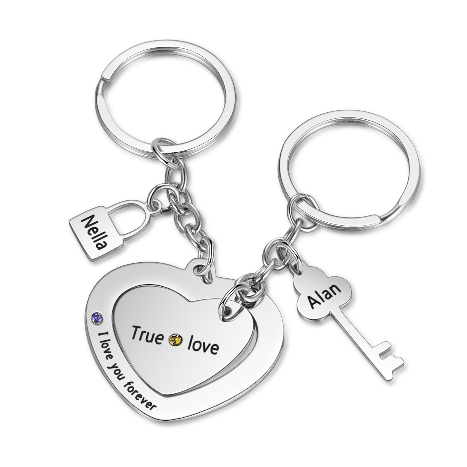 Personalised Couple Keychain Set Customised with 2 Names & 2 Birthstones Keychain Heart Matching Gift-Jessemade AU