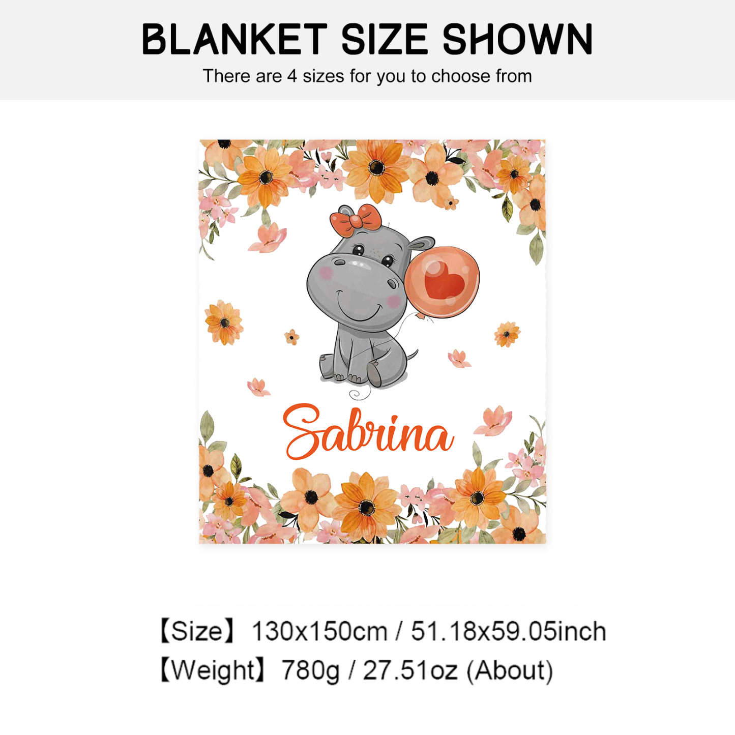 Personalised Hippo Blanket Custom Name Cute Cartoon Blanket-Jessemade AU