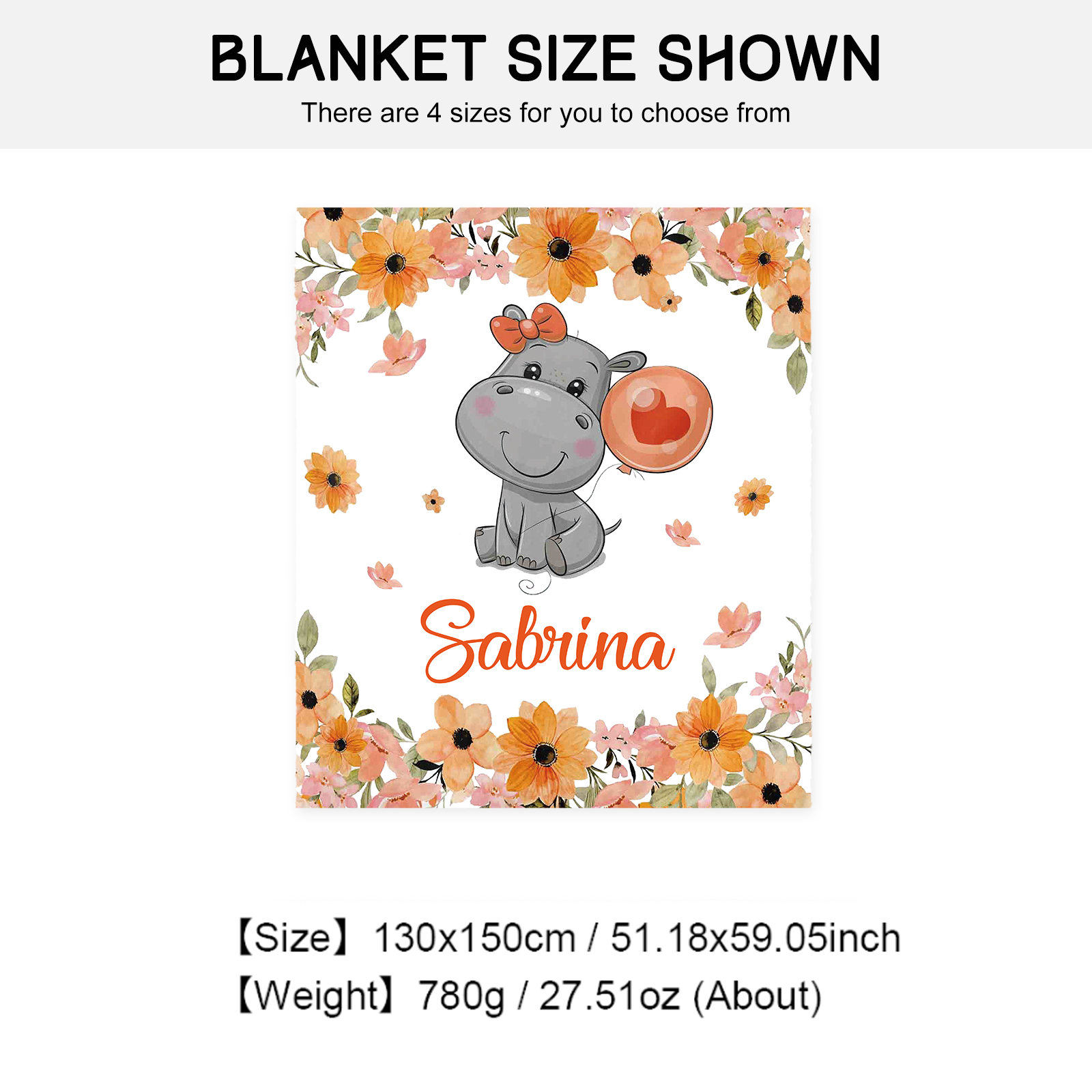 Personalised Hippo Blanket Custom Name Cute Cartoon Blanket-Jessemade AU