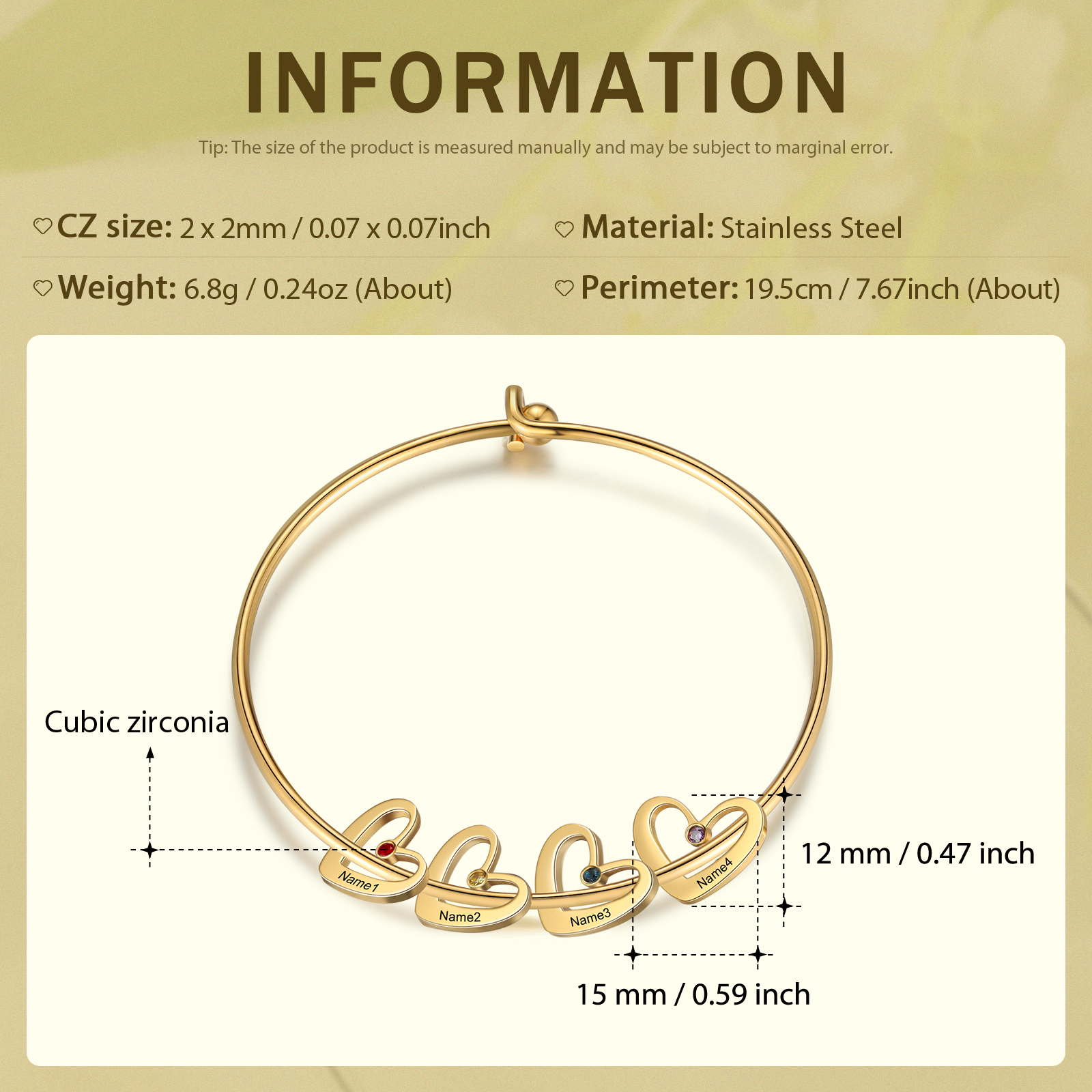 Personalised Heart Bangle With 4 Names and Birthstones Bangle Bracelet Mother's Day Gifts For women-Jessemade AU