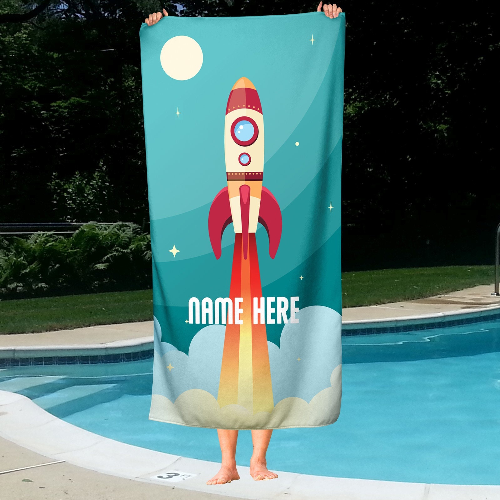 Personalised Beach Towel Customised 1 Name Rocket Ship Bath Towel Blanket Summer Gift for Family/Friends-Jessemade AU