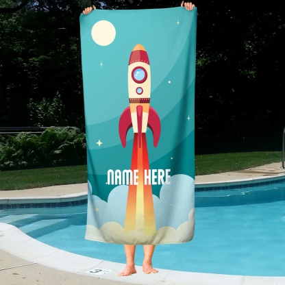 Personalised Beach Towel Customised 1 Name Rocket Ship Bath Towel Blanket Summer Gift for Family/Friends-Jessemade AU