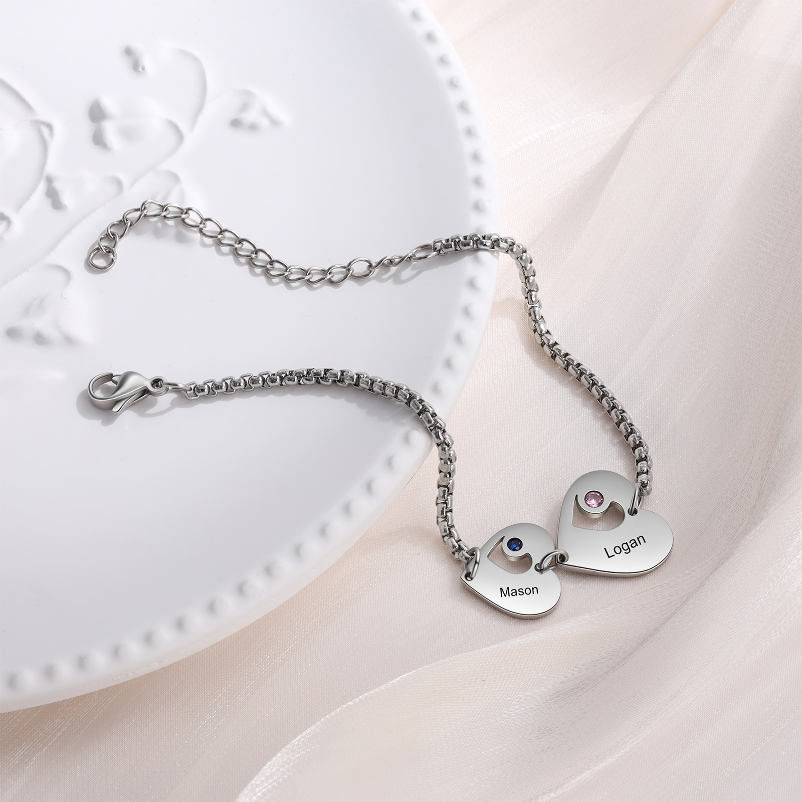 2 Names - Personalised Heart Bracelet Custom Names & Birthstones Family Bracelet Gifts for Her-Jessemade AU