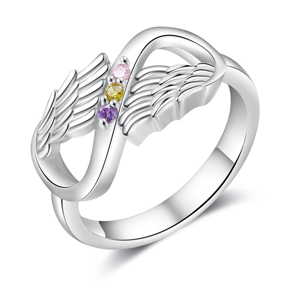 Personalised 3 Birthstones Ring Engraved Names Angel Wings Ring Gifts for Her-Jessemade AU
