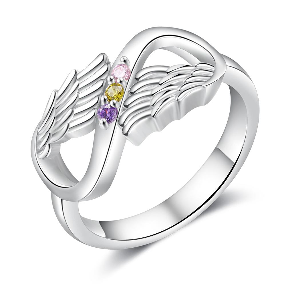 Personalised 3 Birthstones Ring Engraved Names Angel Wings Ring Gifts for Her-Jessemade AU