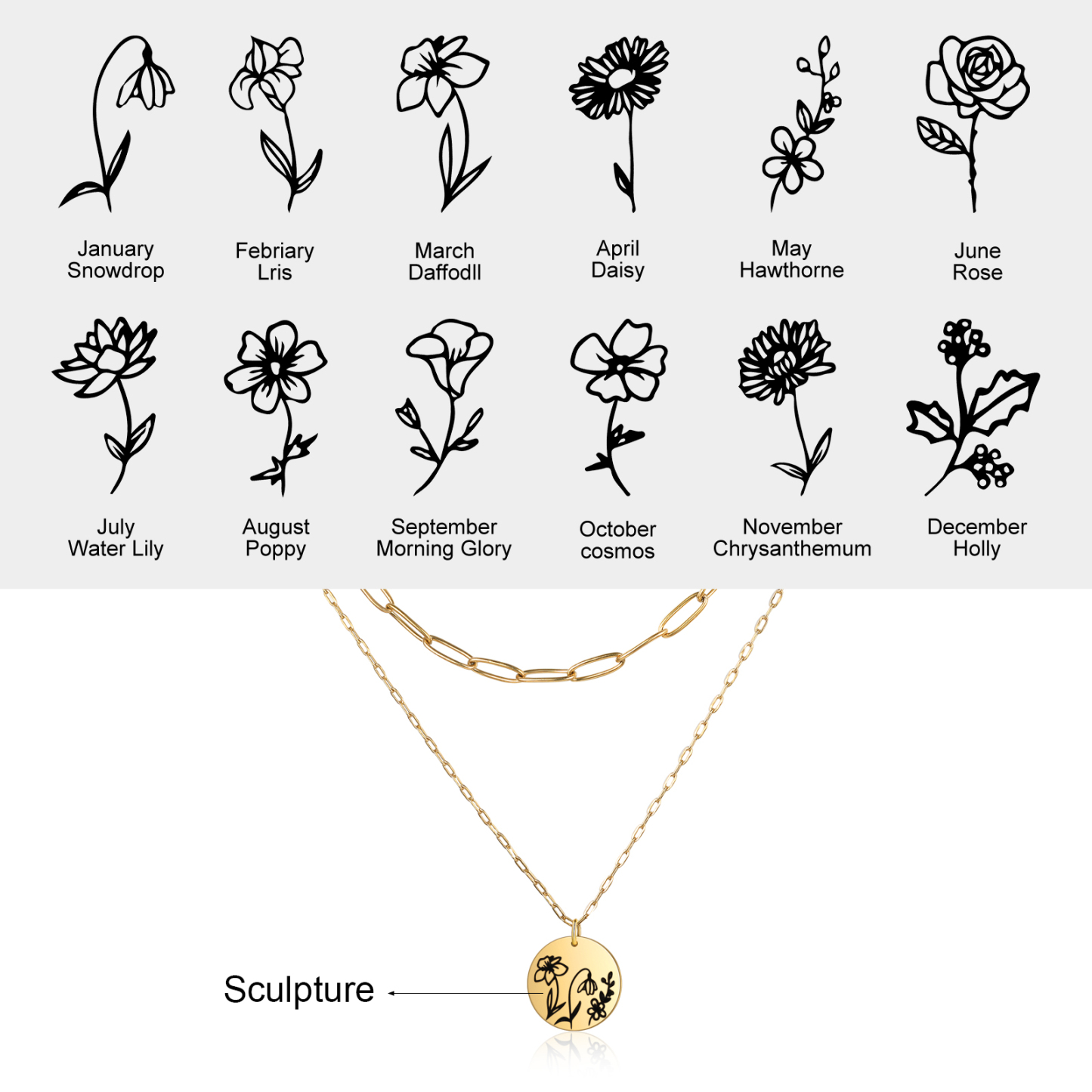 Personalised Double Necklace With 2 Birthflowers Engraved Name Gift For Her-Jessemade AU
